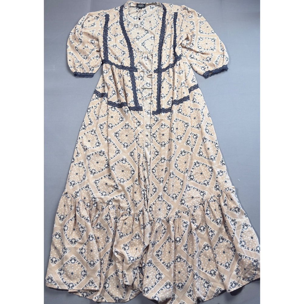 GiGiO Women's Maxi Wrap Dress Small Beige Navy Paisley Print Bohemian Midi‎